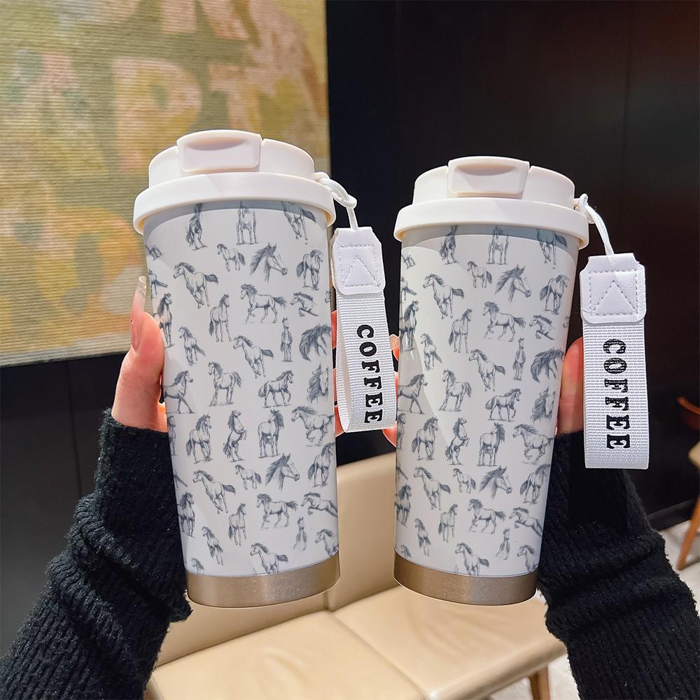 Abstract Hand-Painted Horse Texture Coffee Cup, Portable Dual Drink Insulated Mug, Keeps Hot/cold, Boho Style, Office, Travel, Outdoor Essential