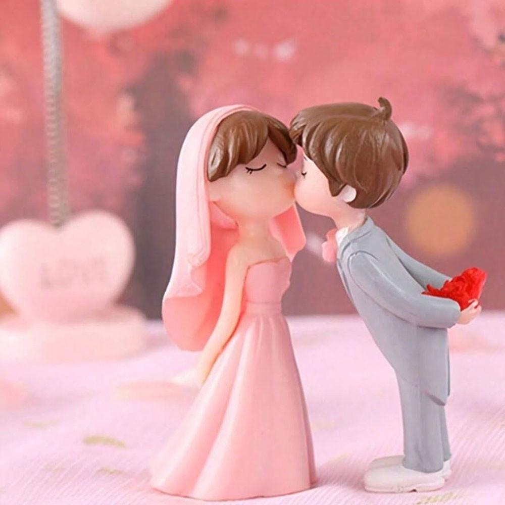 2pcs Cartoon Wedding Couple Statues, Plastic Miniature Landscape DIY Decor, Romantic Bride Decoration, Festive Display, Desktop & Window Shelf
