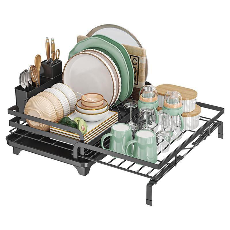 Adjustable Cutlery Rack Kitchen Organizer, Extendable Bowl and Cutlery Rack with Drain Board, Saves Space, Keeps Kitchen Tidy