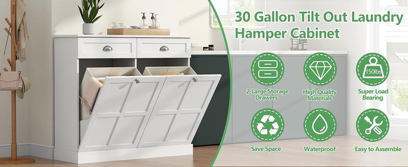 Double Tilt Out Laundry Hamper Cabinet, Hidden Laundry Cabinet with 2 Drawers & 2 Laundry Storage Baskets, 30 Gallon Trash Can Cabinet, Storage Cabinet for Bathroom, Laundry Room,Kitchen, White