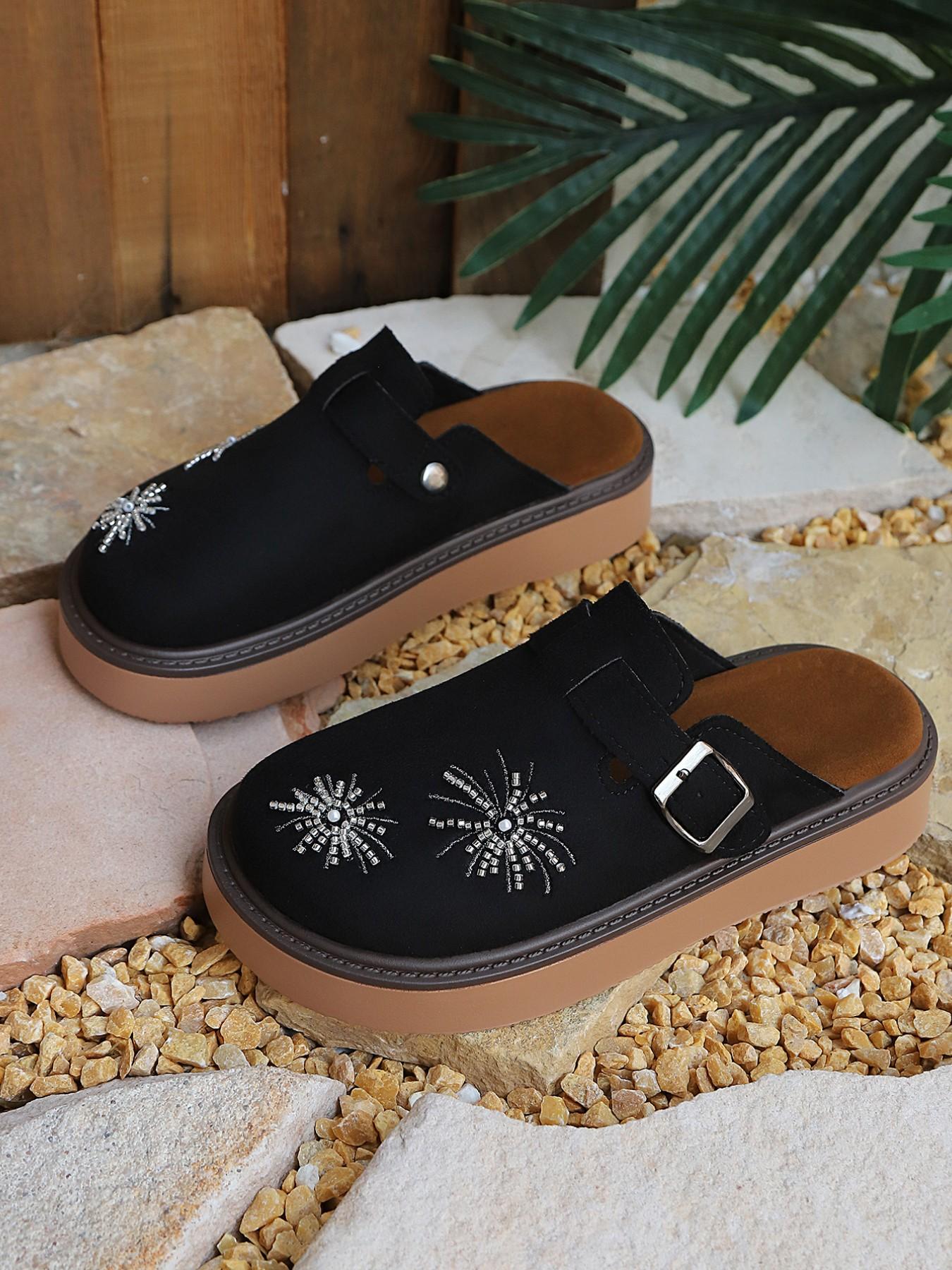 New Vintage Fashion Comfortable Large Size Rhinestone Fireworks Buckle Slip-On Shoes, Versatile Multi-Function Casual Women's Thick Soled Mules