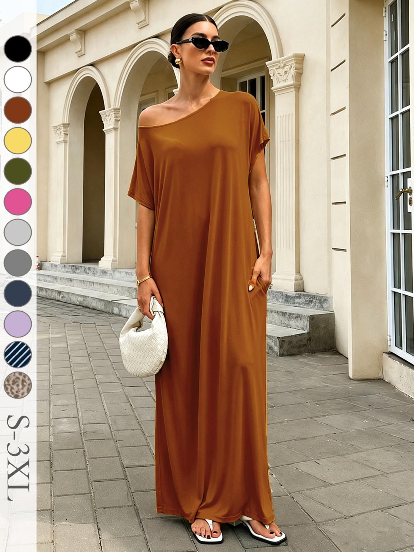 Women's Casual Boho Chic Loose Long T-Shirt Dress, Striped Short Sleeve One-Shoulder Sleepwear with Pockets, Comfortable Fit for Daily, Beach and Vacation Wear Boho Fashion