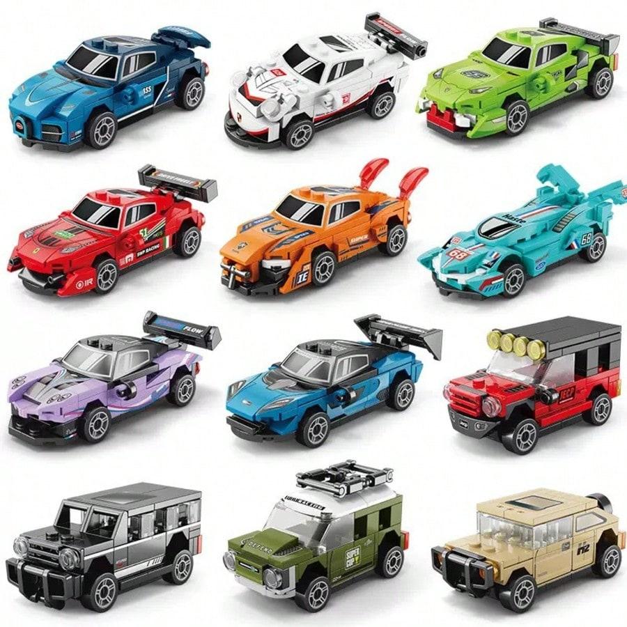 12-Piece Super Car Building Blocks Set, Backyard Racing Toy Model Kit, DIY Educational Gift for Kids Ages 6+, High-Quality Abs Material