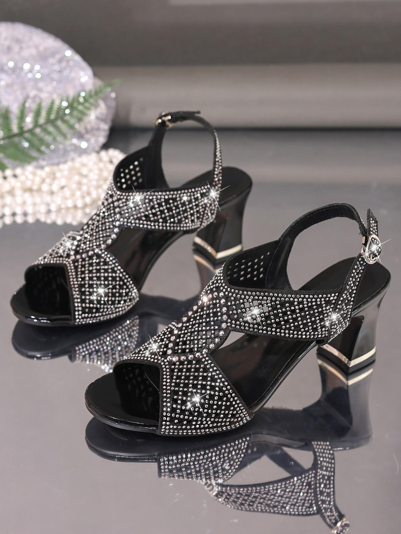 Elegant Women's High Heel Sandals, Rhinestone Hollow Out Open Toe Round Head Design, Comfortable Versatile for Parties, Office, Events