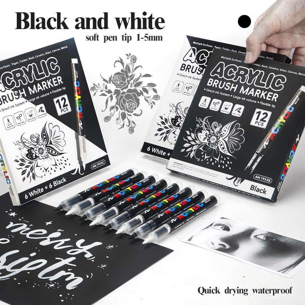 Acrylic Paint Pens with Automatic Ink Control, Soft Brush Tip Markers for Canvas, Rock, Wood, Stone, Glass, Ceramic, Fabric Painting, DIY Crafts, Art Marker Set