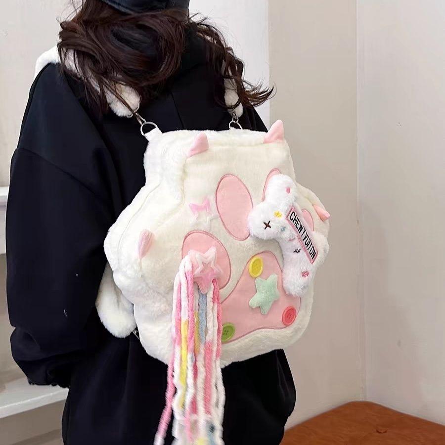 Autumn and winter sweet and cute cartoon Y2K plush cat paw bone backpack for girls, large capacity daily commuter bag, birthday gift