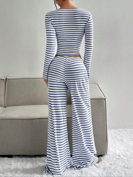 Women's Casual Striped Colorblock U-Neck Pullover Sweater with Waist Rope Decorative Long Pants Two-Piece Set for Daily Wear,Airport Outfit