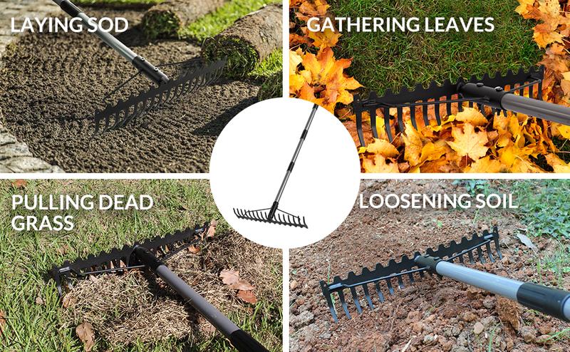 Walensee 5.4FT Bow Rake Heavy Duty Garden Rake with Stainless Steel Handle, 17 Steel Tines Metal Head Rake Tool for Loosening Soil Gathering Leaf Leveling Lawn Farming Land