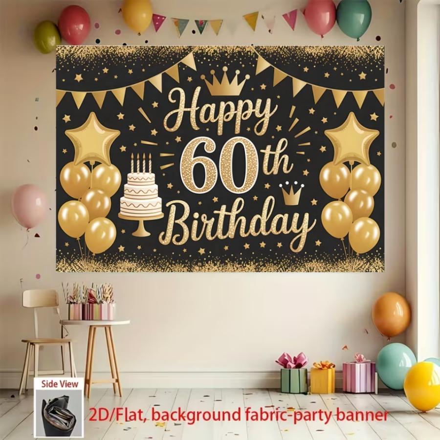 Gold 60th Birthday Banner, Balloon and Confetti Elements, Polyester Material, Party Wall Decor, Ideal for Photoshoots and Celebrations