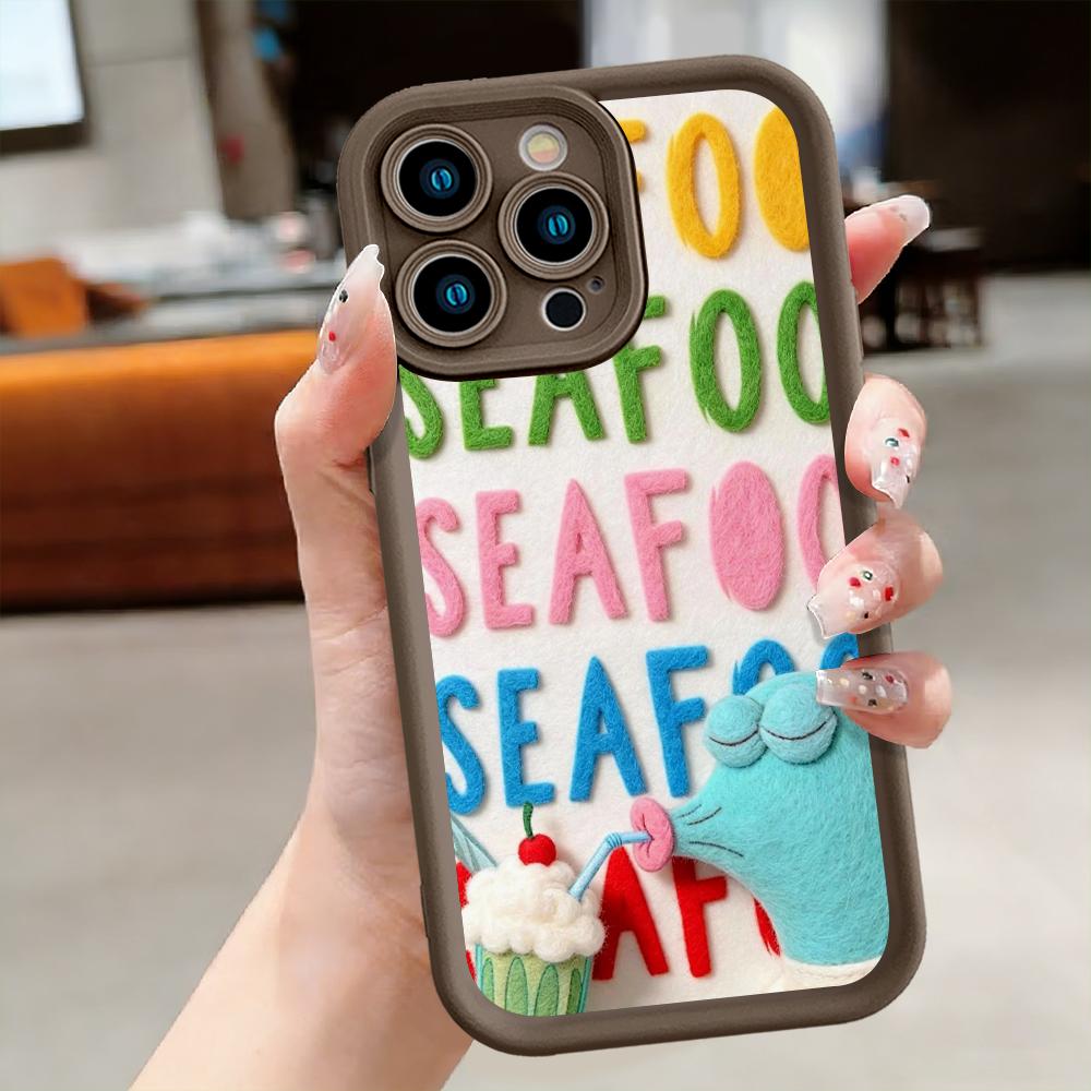 SpongeBob SquarePants Squidward SEAFOOD Funny Felt Art Phone Case For iPhone 17 16 15 14 13 12 11 Pro Max Plus X XR XS Air Cute Colorful 3D Felt Style Cartoon Character Shockproof Soft TPU Bumper Cover