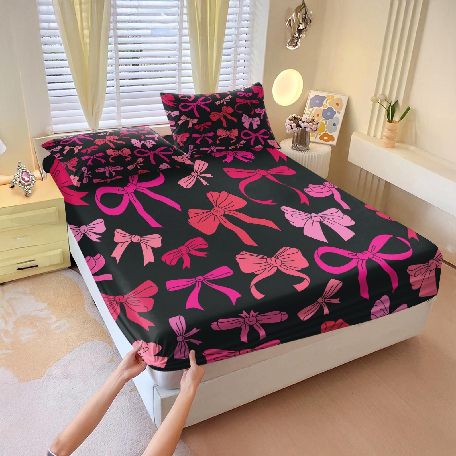 3Pcs Lovely Coquette Bow Printed Fitted Sheet Set, Sweet Y2K Style Bed Sheet Set, Soft Wrinkle-Resistant Microfiber, Vibrant Digital Print, Deep Pocket Design, Ideal for Girls Bedroom, Dorm & Guest Room All-Season Decor - No Filling