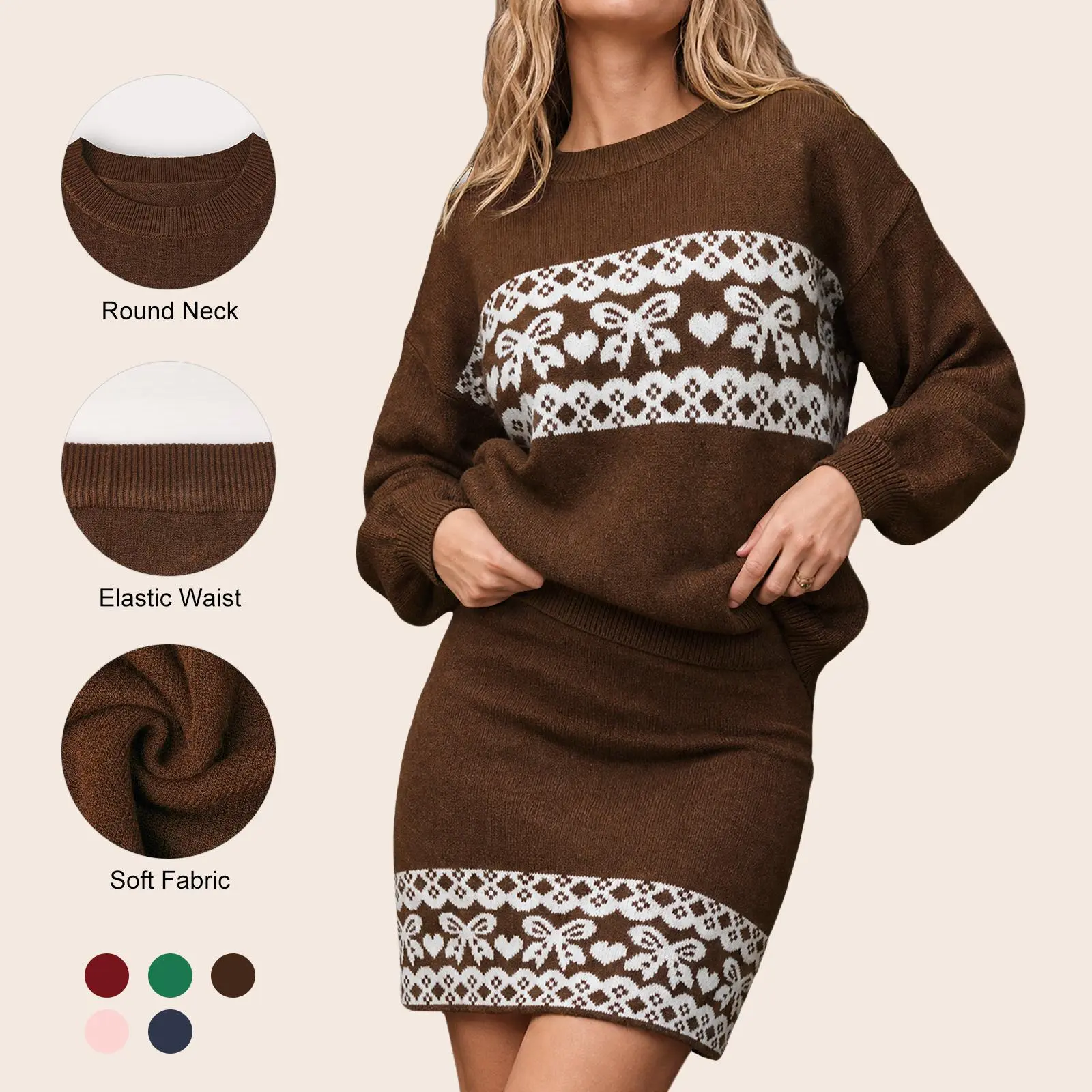 Imily Bela Warm Knit Winter Set - Women's Jacquard Round Neck Sweater & Mini Skirt Two Piece