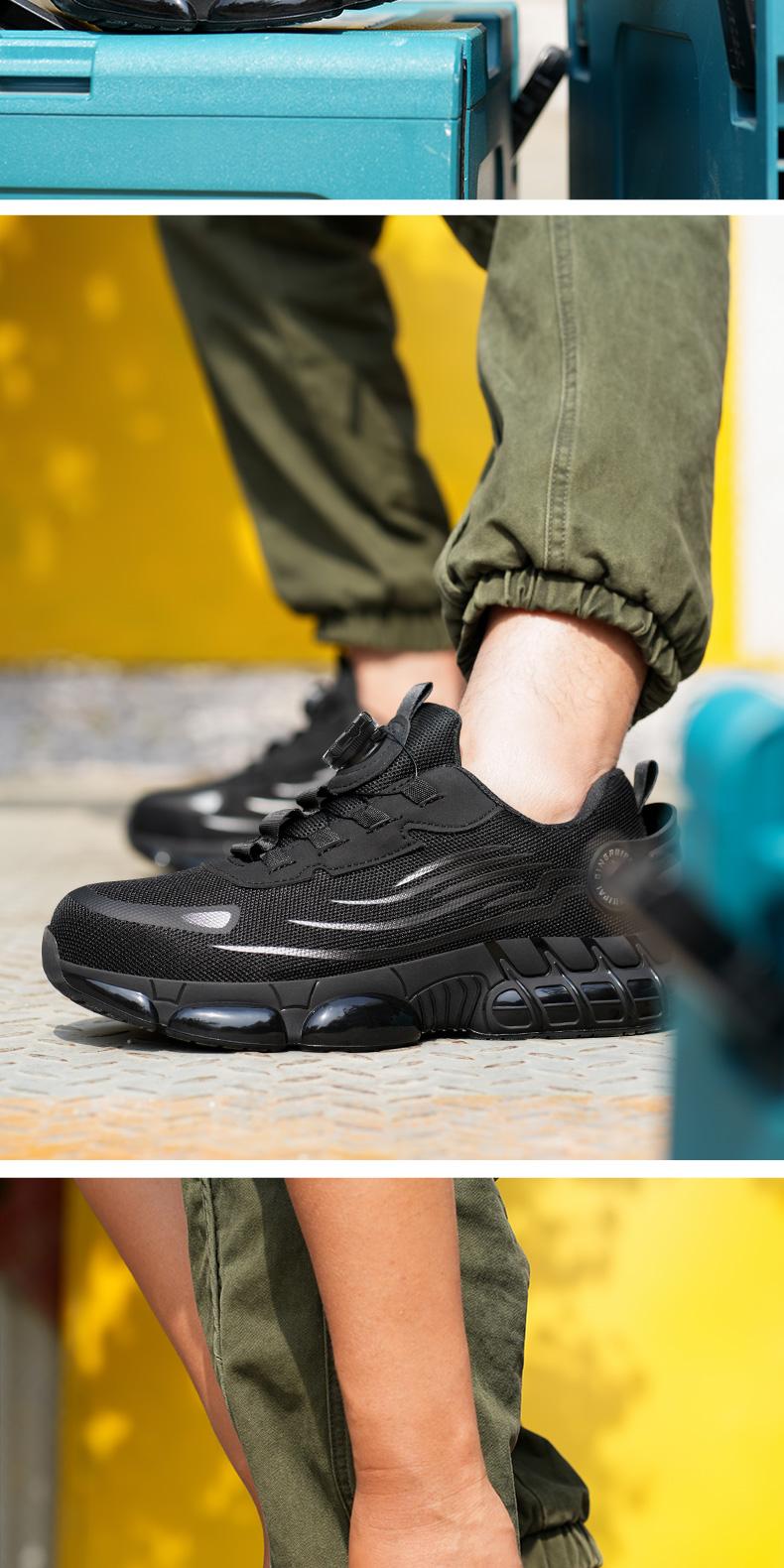 QINGRUIPAI Men's Breathable Mesh Work Sneakers Durable Anti-Slip Safety Shoes with Steel Toe Protection Comfort Fit for All Seasons Casual Striped Design Elastic Closure Non-Slip EVA Sole Outdoorfun Fathersdaygift