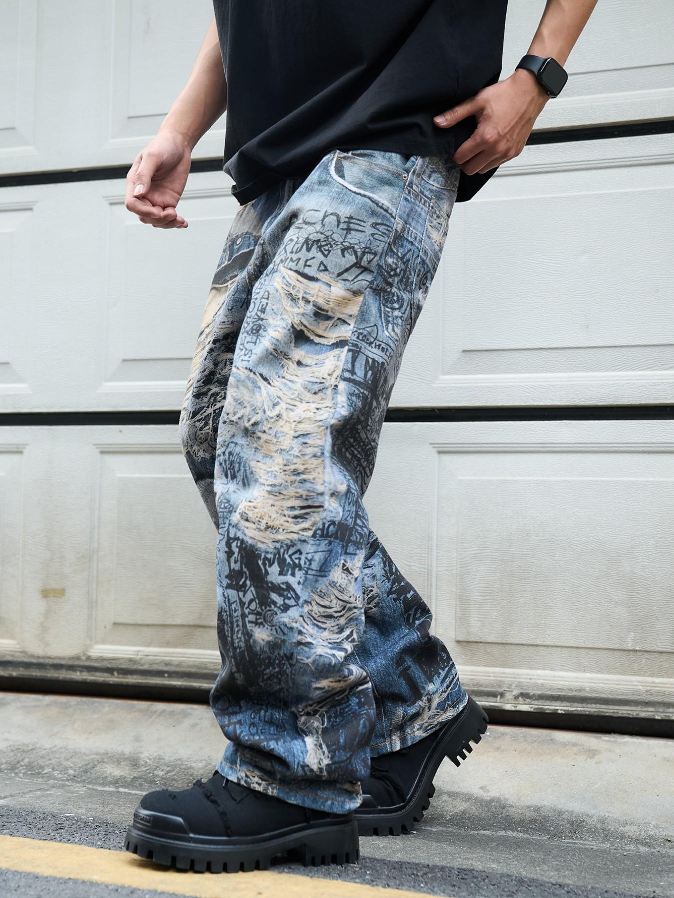 Men's 3D Printed Jeans Y2K Graffiti Denim Jeans, Wide Leg Streetwear, Loose Fit Casual Jeans for All Seasons