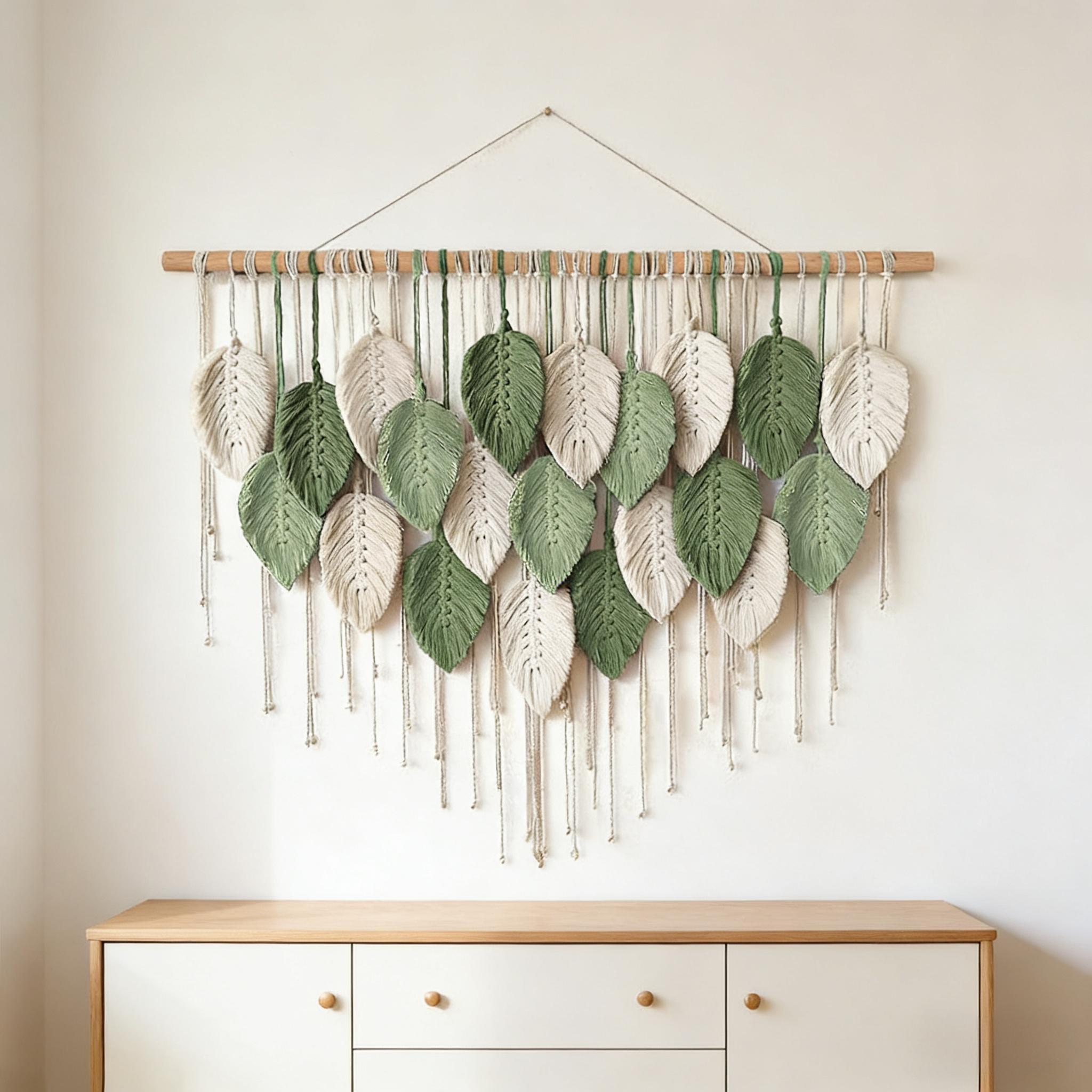 Large Handmade Leaf Fringe Wall Hangings, Bohemian Style Macrame Wall Decor, Wooden Stick Wall Art, Bed Headboard Decoration, Above Bed Wall Decor