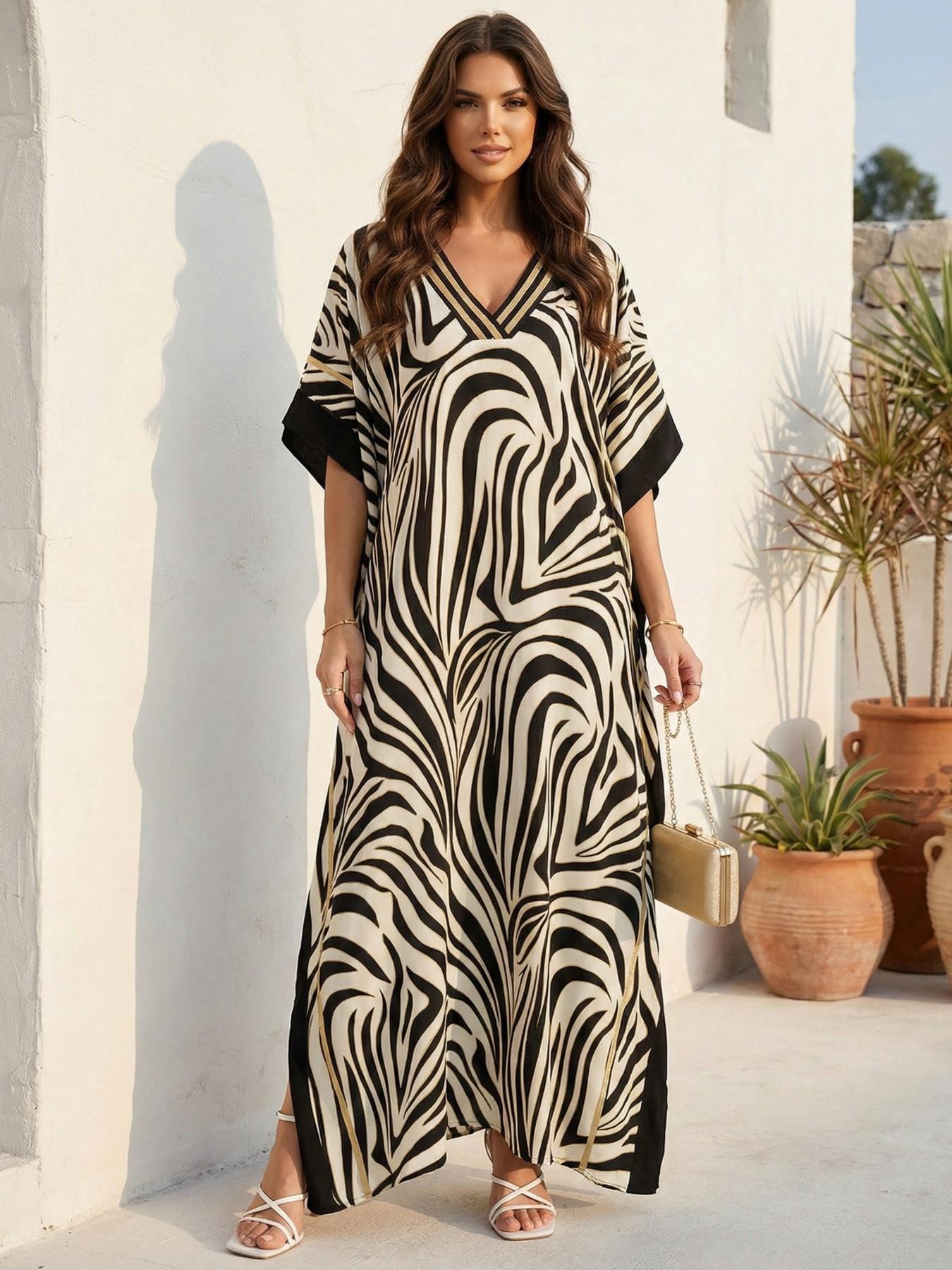 EDOLYNSA Leopard kaftans for woman caftan beach printing Moo Moo Dress casual cover up Bohemian daily wear Soft Homewear vacation party long dress lounge wear Q1615 Womenswear