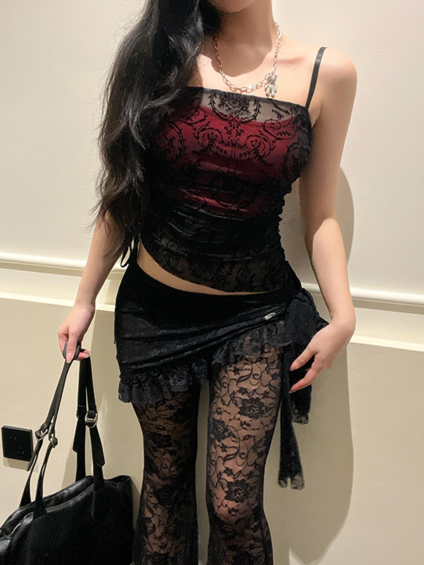 Women's Plants Print Mesh Overlay Ruched Drawstring Crop Cami Top, Elegant Adjustable Strap Camisole for Party Holiday Vacation, Ladies Summer Clothes