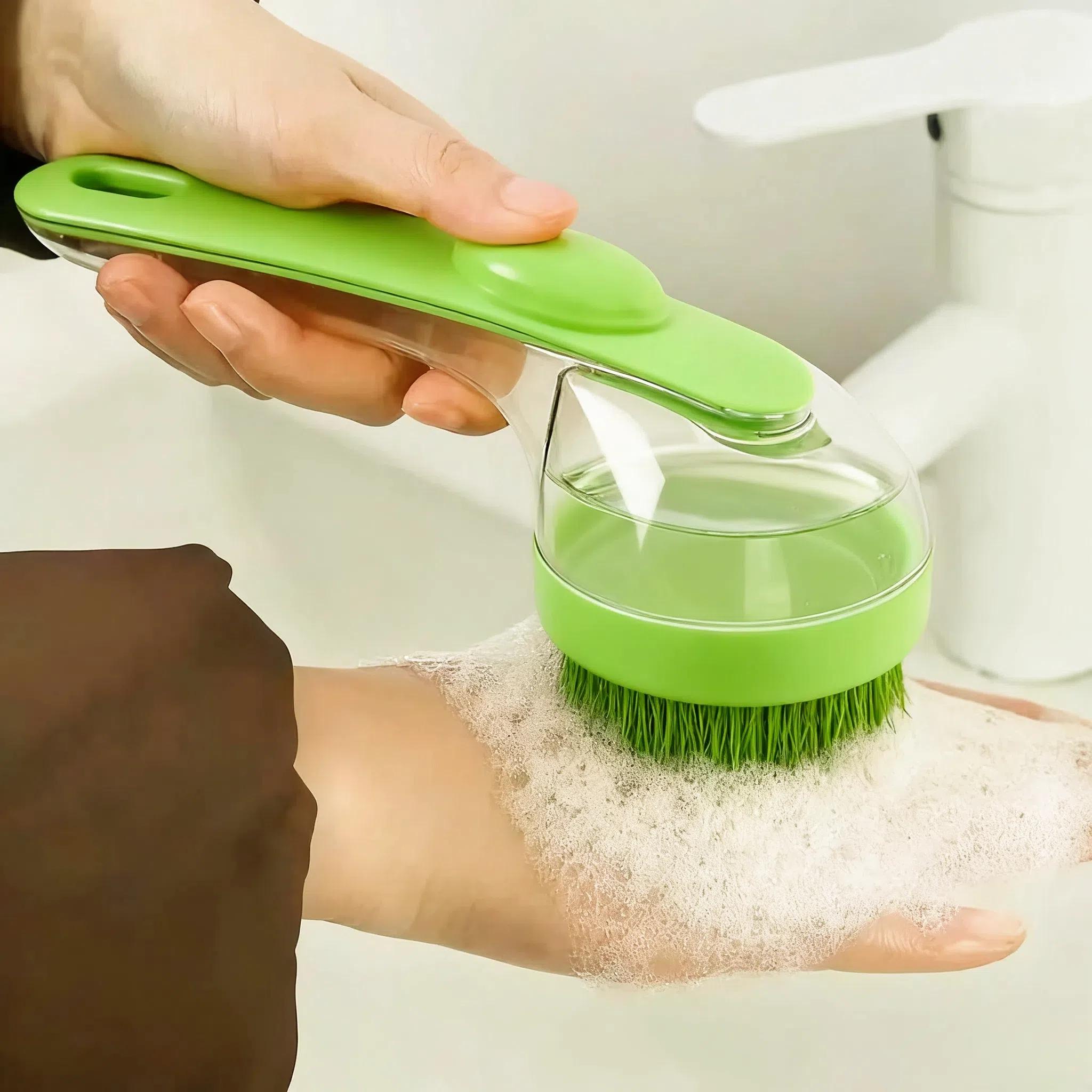 Two-In-One Pet Bath Brush with Handle, Soft Silicone Bristles, Shampoo Dispenser, Grooming Massager for Dogs & Cats, Long/short Hair