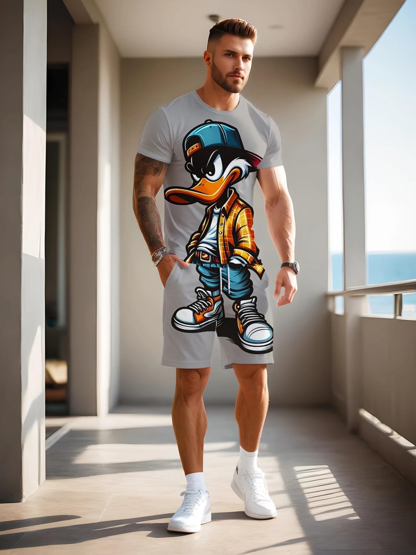 Men's Y2K Style 3D Duck Print Sports Set, Casual Short Sleeve Top and Shorts, Perfect Gift for Men, Daily Outdoor Wear