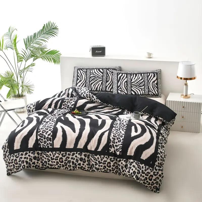 3pcs Zebra Stripe Print Duvet Set, Soft Polyester Fabric, Zipper Design, Modern Style Bedding Essentials, Bedroom Must-Have