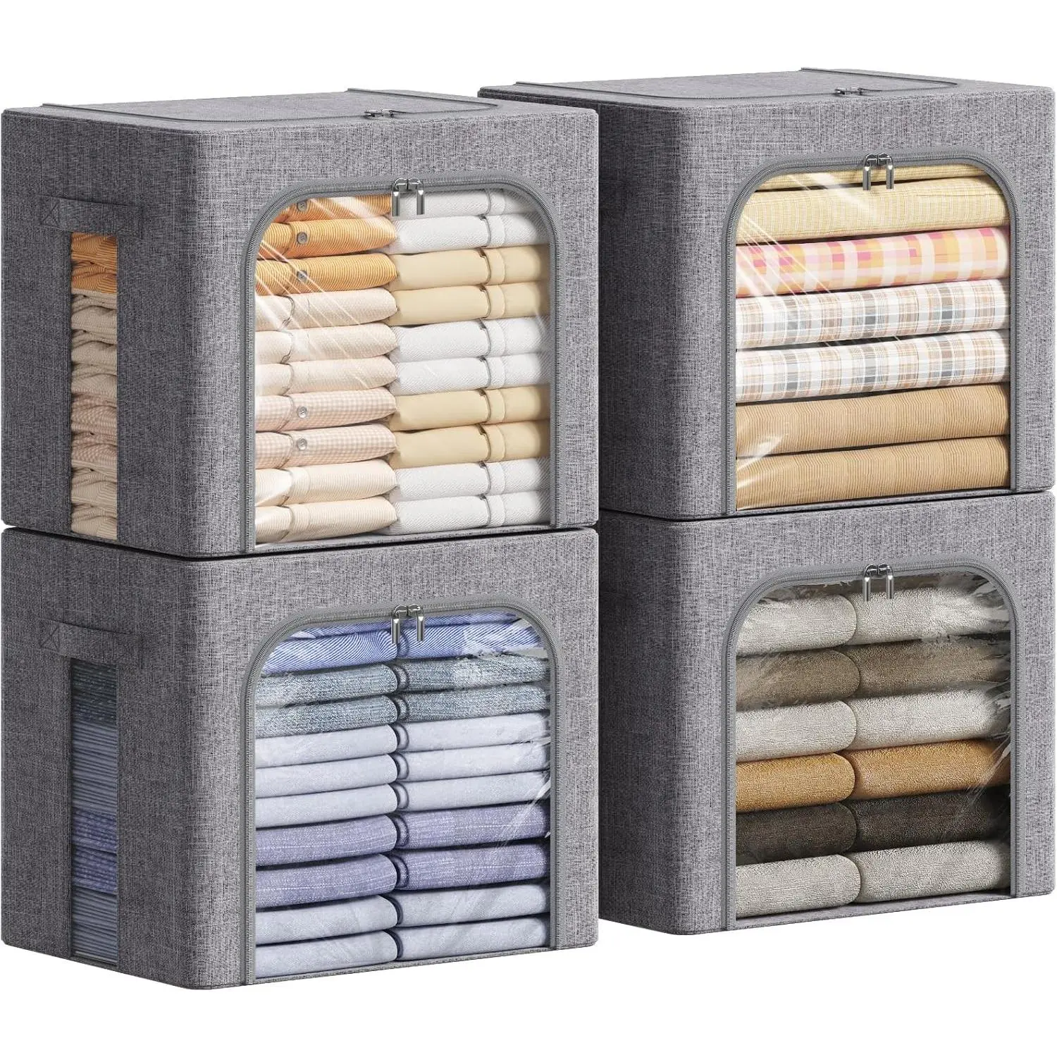 4 Pack Clothes Storage Bins with Metal Frame, Stackable Storage Box