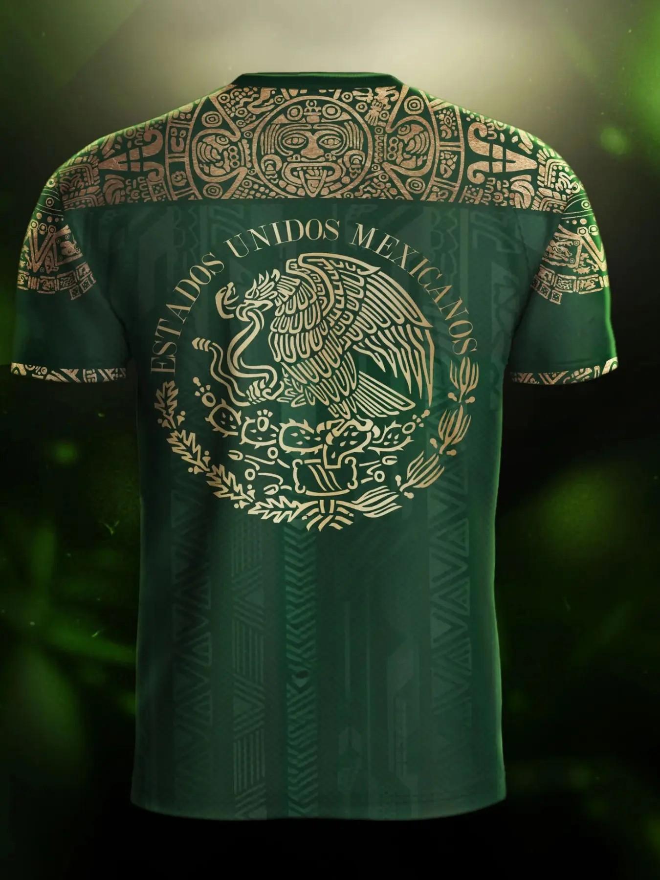 Men's Mexican Eagle Snake Aztec Football Jersey, Tribal Style Sporty Round Neck Short Sleeve Top, Loose-Fitting Geometric Pattern