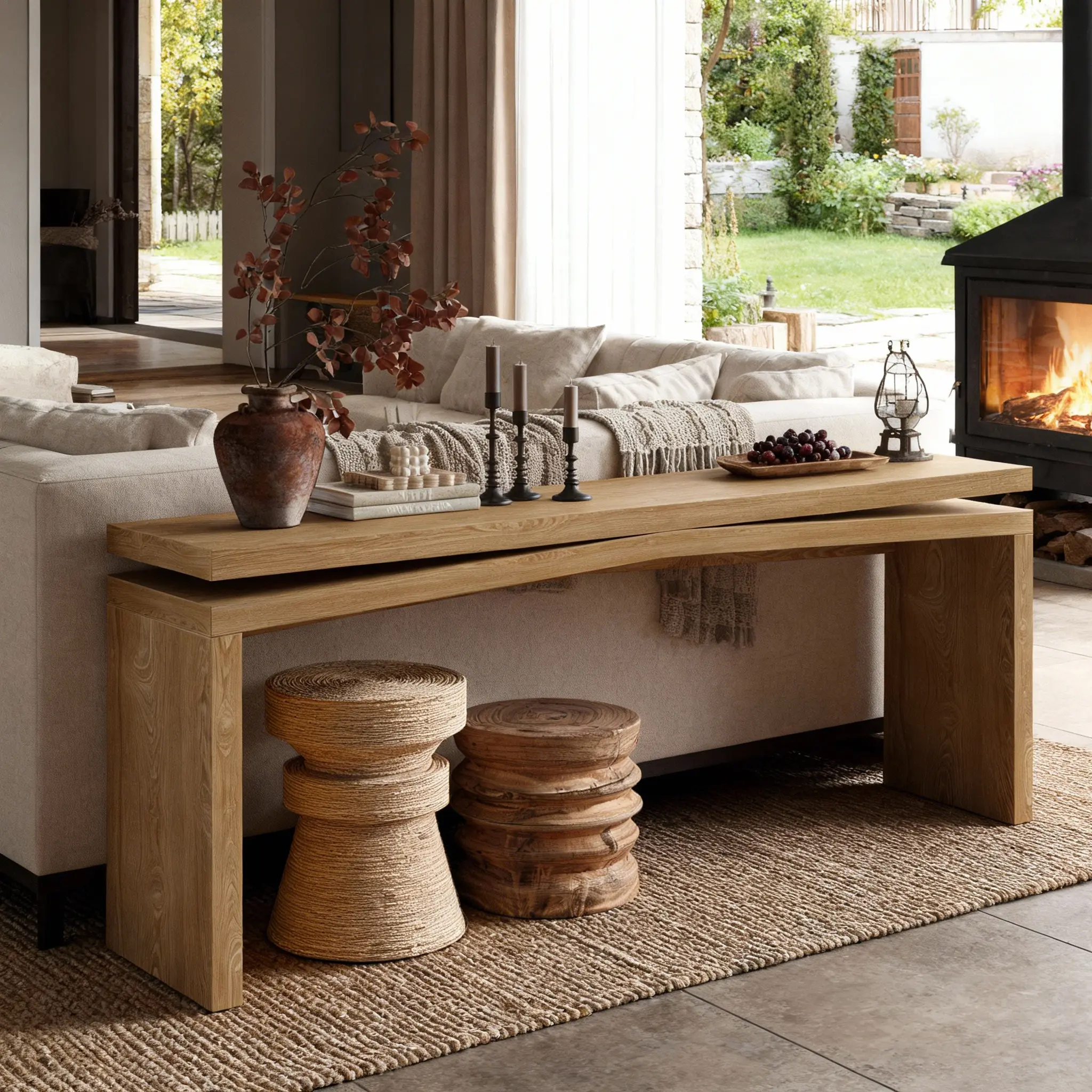 65" Rustic Split-Level Console Table with Sled Base, Antique Brown, YATU Living