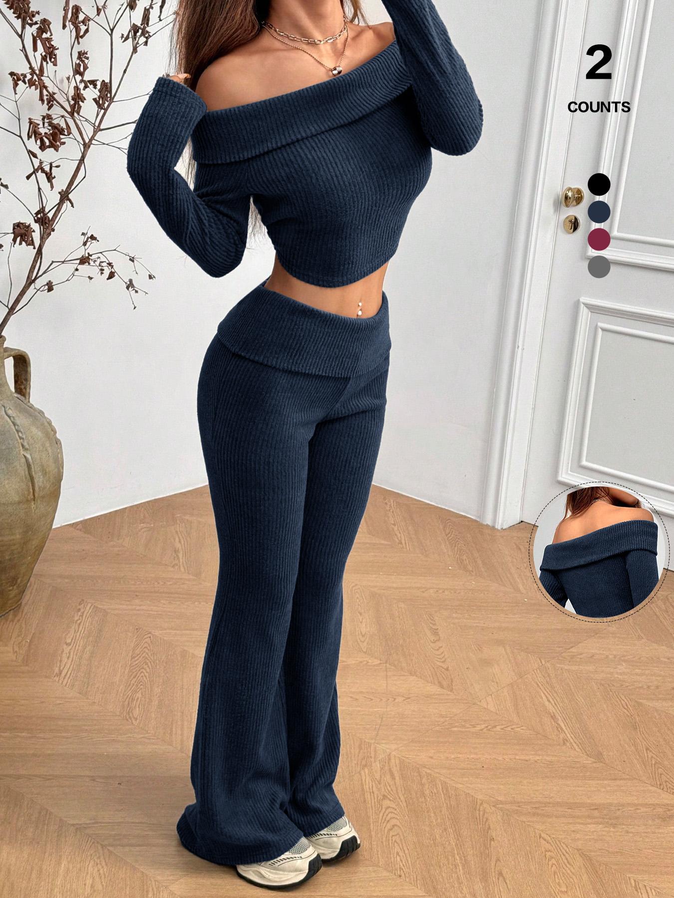 2026 Women's 2-Piece Matching Set, Off-The-Shoulder Long Sleeve Crop Top & High-Waist Flare Leg Pants, Sexy Y2K Ribbed Knit