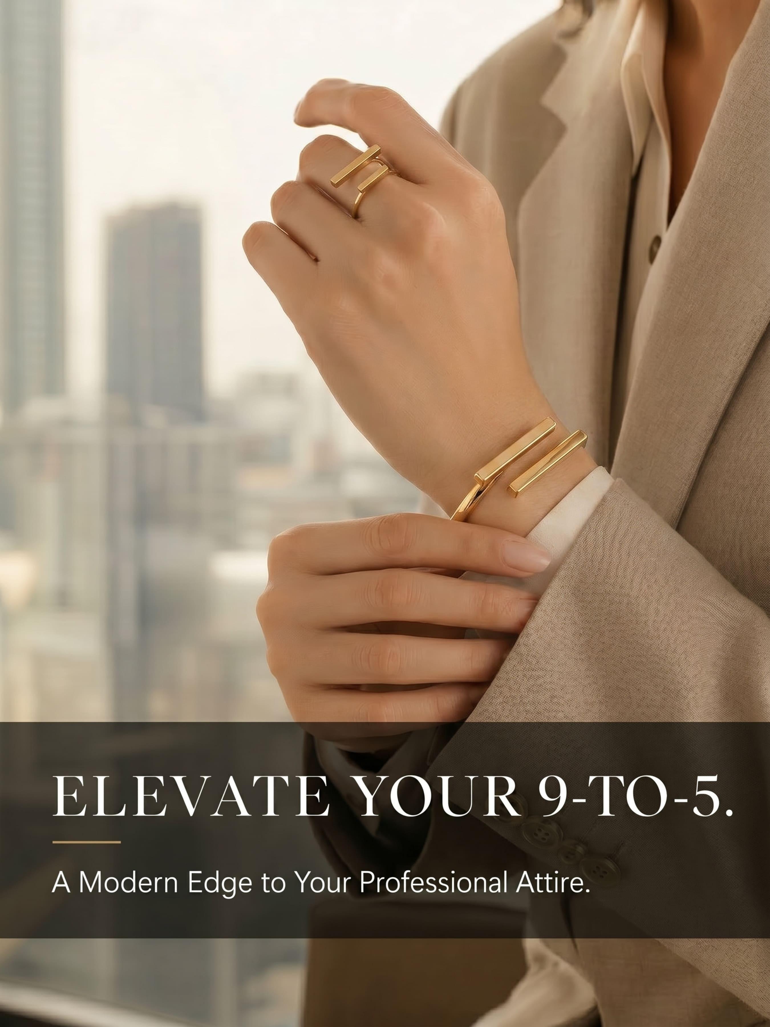 Minimalist Geometric Linear Gold-Plated Bracelet & Ring Set, Luxe Versatile Jewelry for Daily Commute & Date Nights