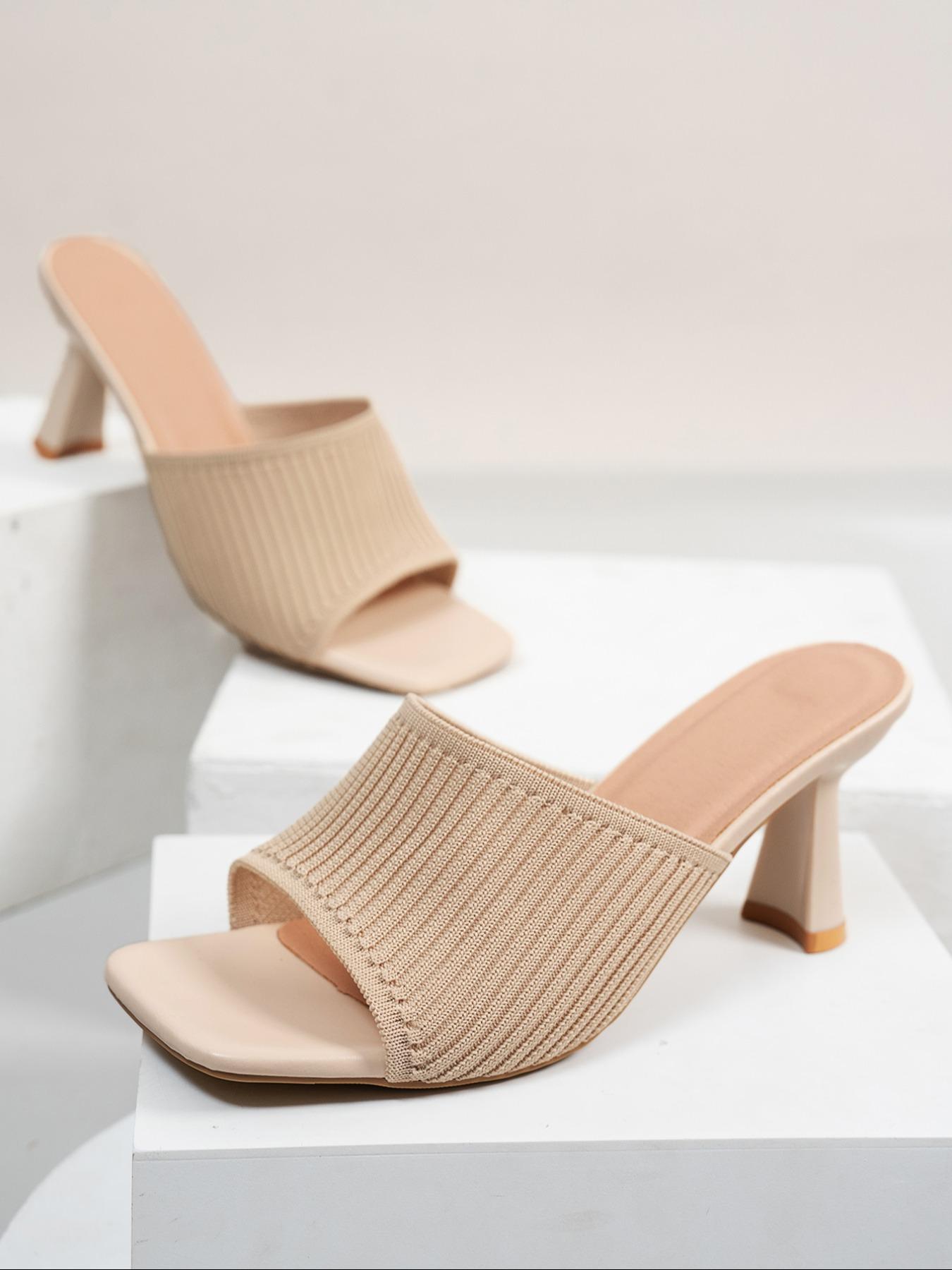 Women's Solid Color Knitted Design Stiletto Sandals, Trendy Sandals, Fashionable Beige Open Toe High Heel Sandals for Summer, Lightweight Breathable Comfortable Shoes for Daily Wear, Girl, Chic Summer Footwear