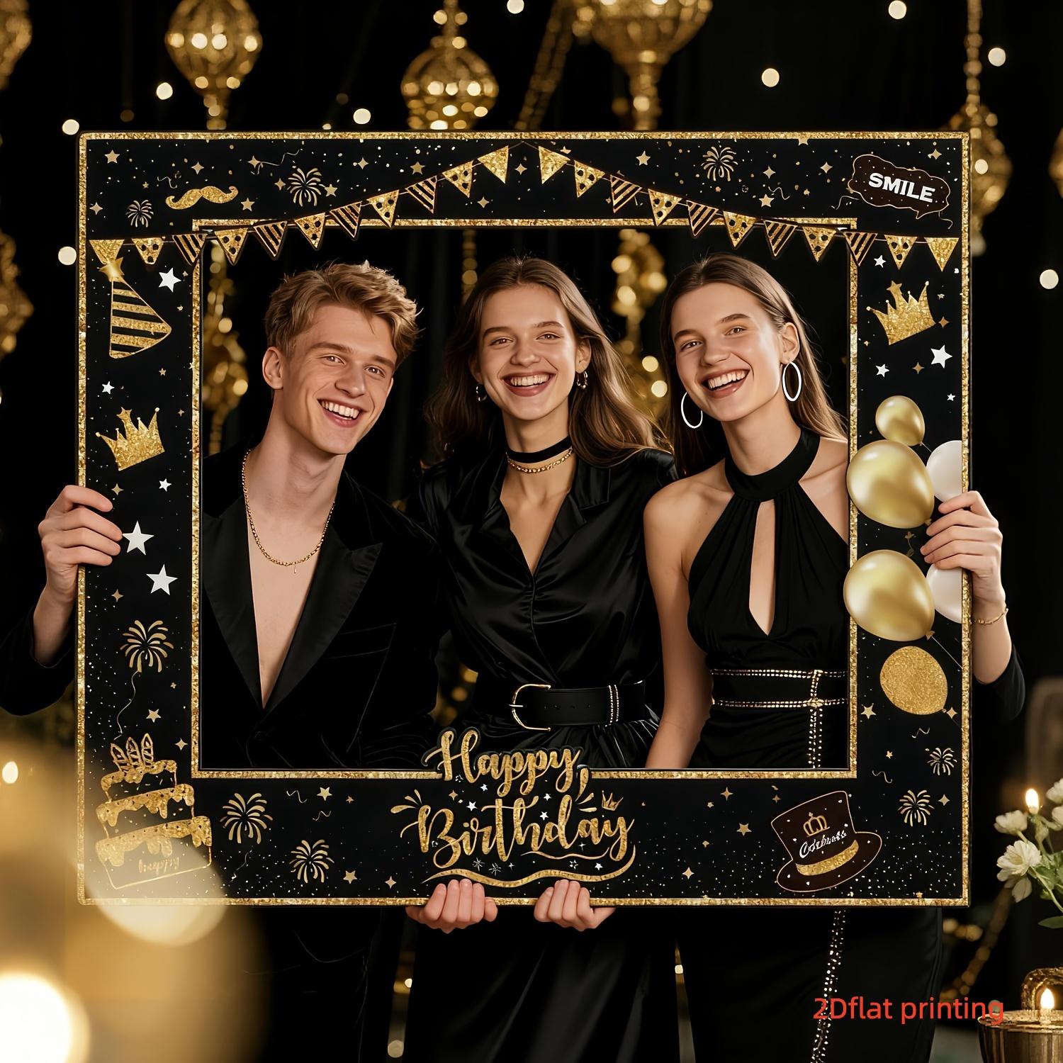 2D Flat 1pc Black Gold Glitter Happy Birthday Cutout Photo Booth Banner, 120x80cm Large Size, Crown Balloon Cake Photography Background, Ideal for Birthday Party, Coming of Age Celebration, Photo Booth Prop