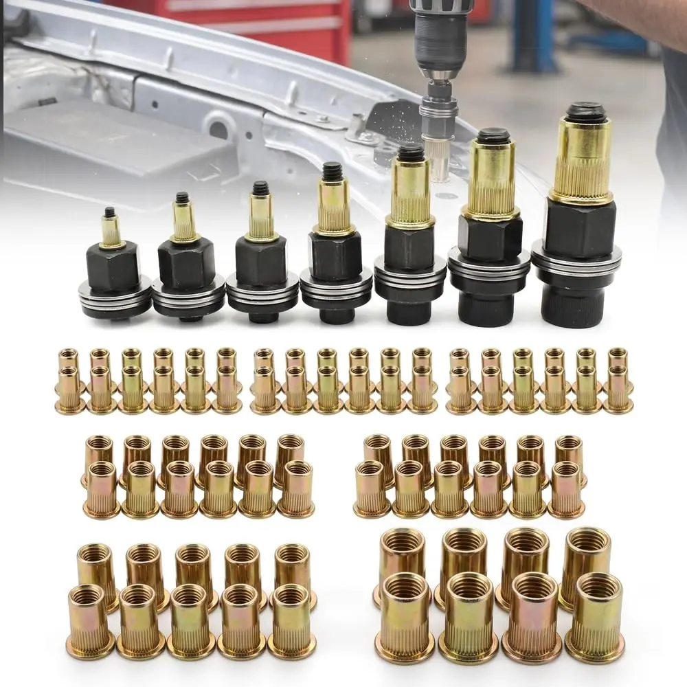 Carbon Steel Rivet Nut Tool Set (M3-M12, 7 Mandrels & 70 Rivet Nuts) Hardware
