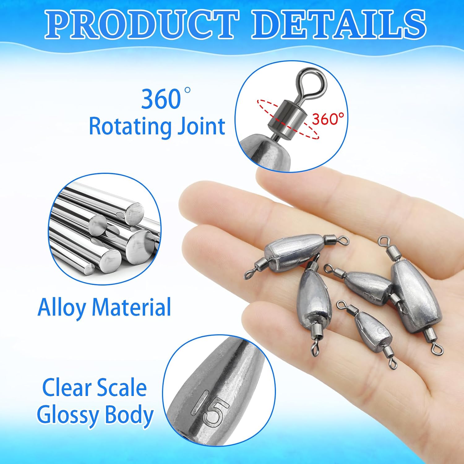 15 count Fishing Weights Sinkers Inline Trolling Fishing Weights | with Inner Swivels  Sinkers Fishing Weights for Saltwater Freshwater Fishing