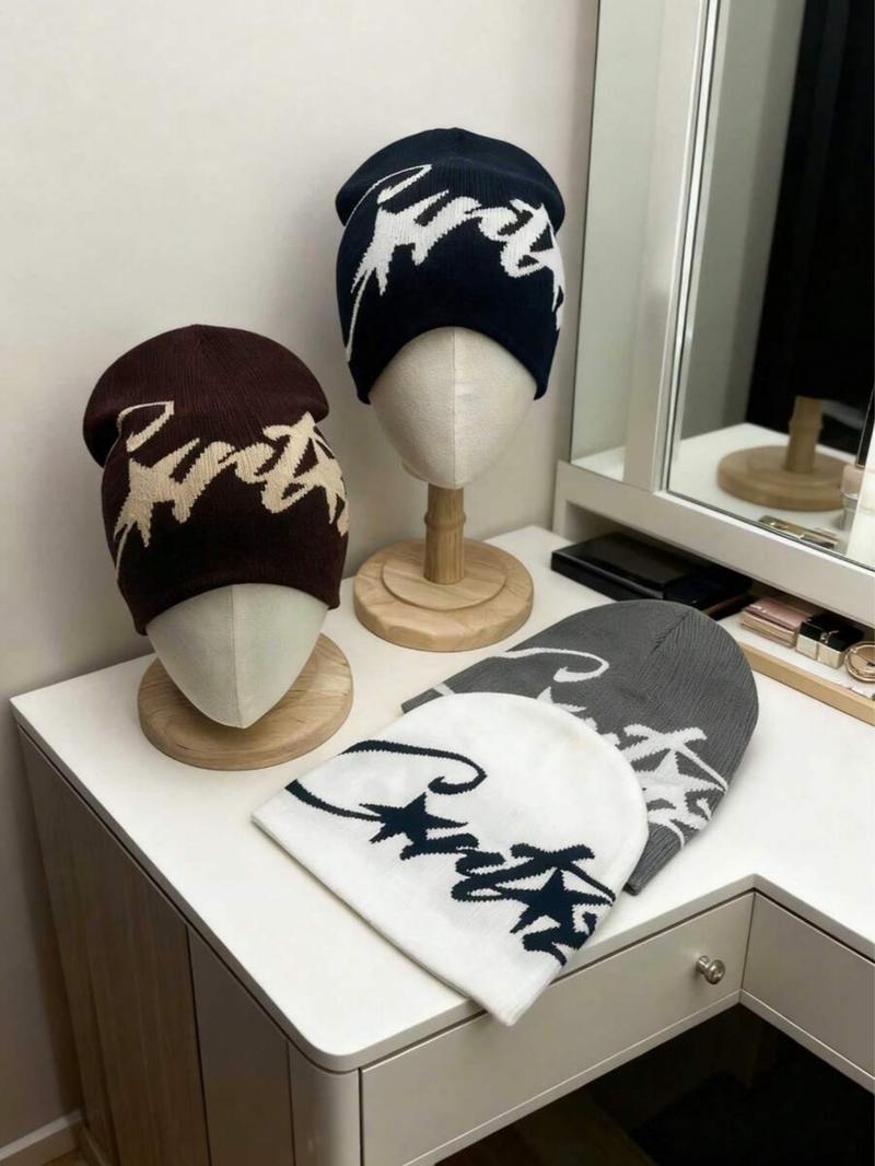 Y2K Star Knit Beanie Hat, Unisex Streetwear Party Cap, Asymmetrical Design, Fitted Style, Vintage Millennium Fashion