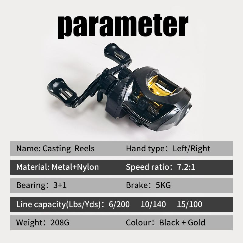 7.2:1 High Speed Baitcasting Reel, 3+1 Ball Bearings 5KG Drag, Left/Right Handed Fishing Reel