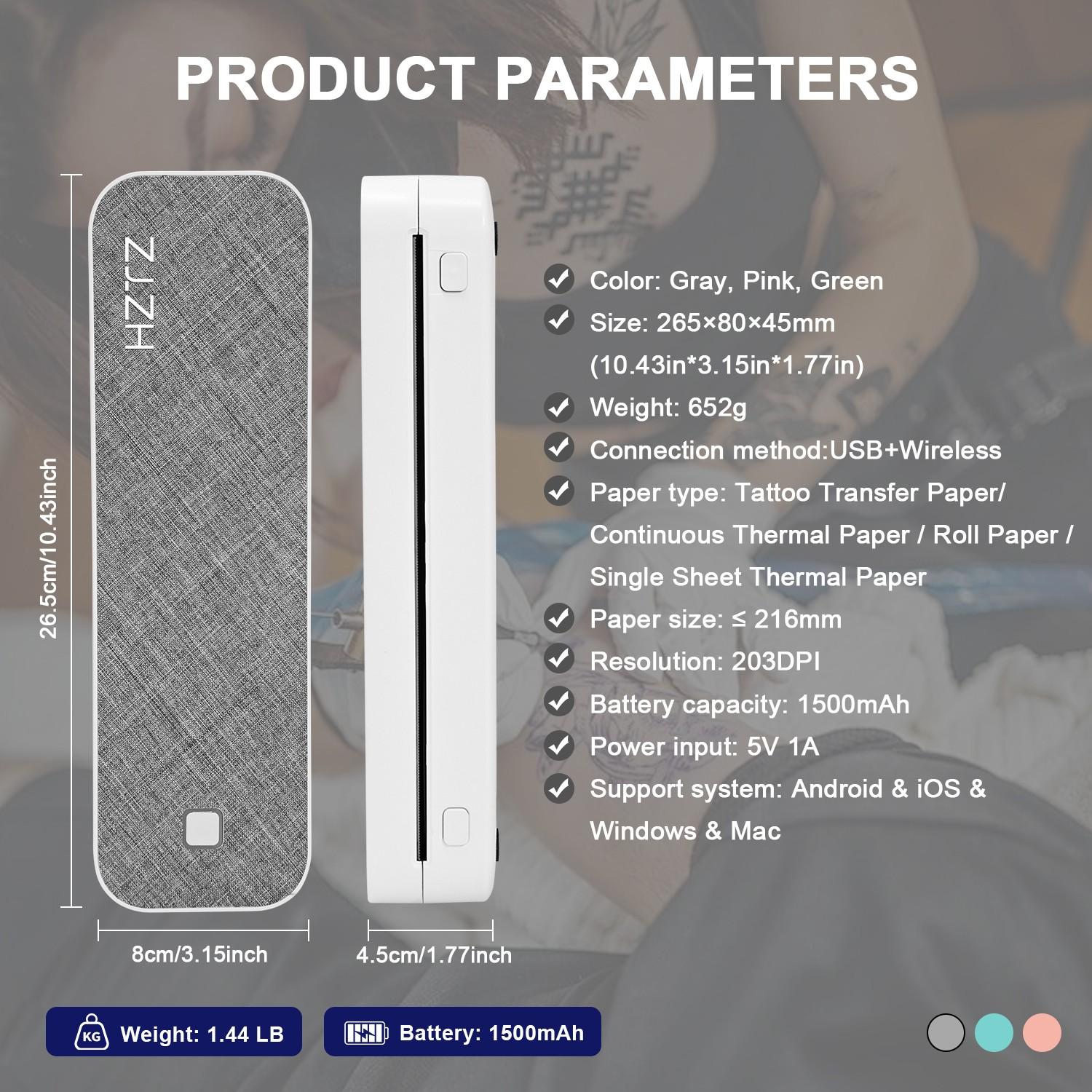 HZTZ Portable Bluetooth-compatible Tattoo Template Printer D80, Includes 10 A4 Transfer Papers, Supports Thermal Paper, Compatible with iOS, Android, PC