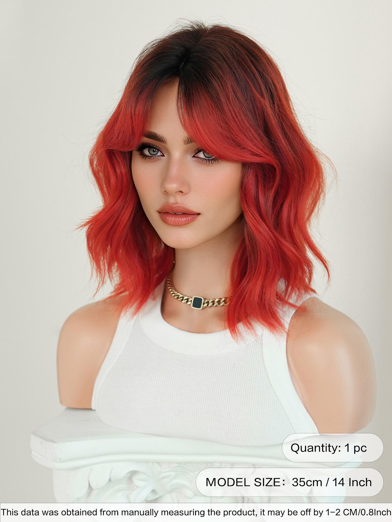 Short Wavy Ombre Red Wigs for Women 14 Inch Shoulder Length Bob Curly Middle Part Wigs with Dark Roots, Synthetic Heat-resistant Fiber Hair for Daily Cosplay, Role Play Wig, Party Use