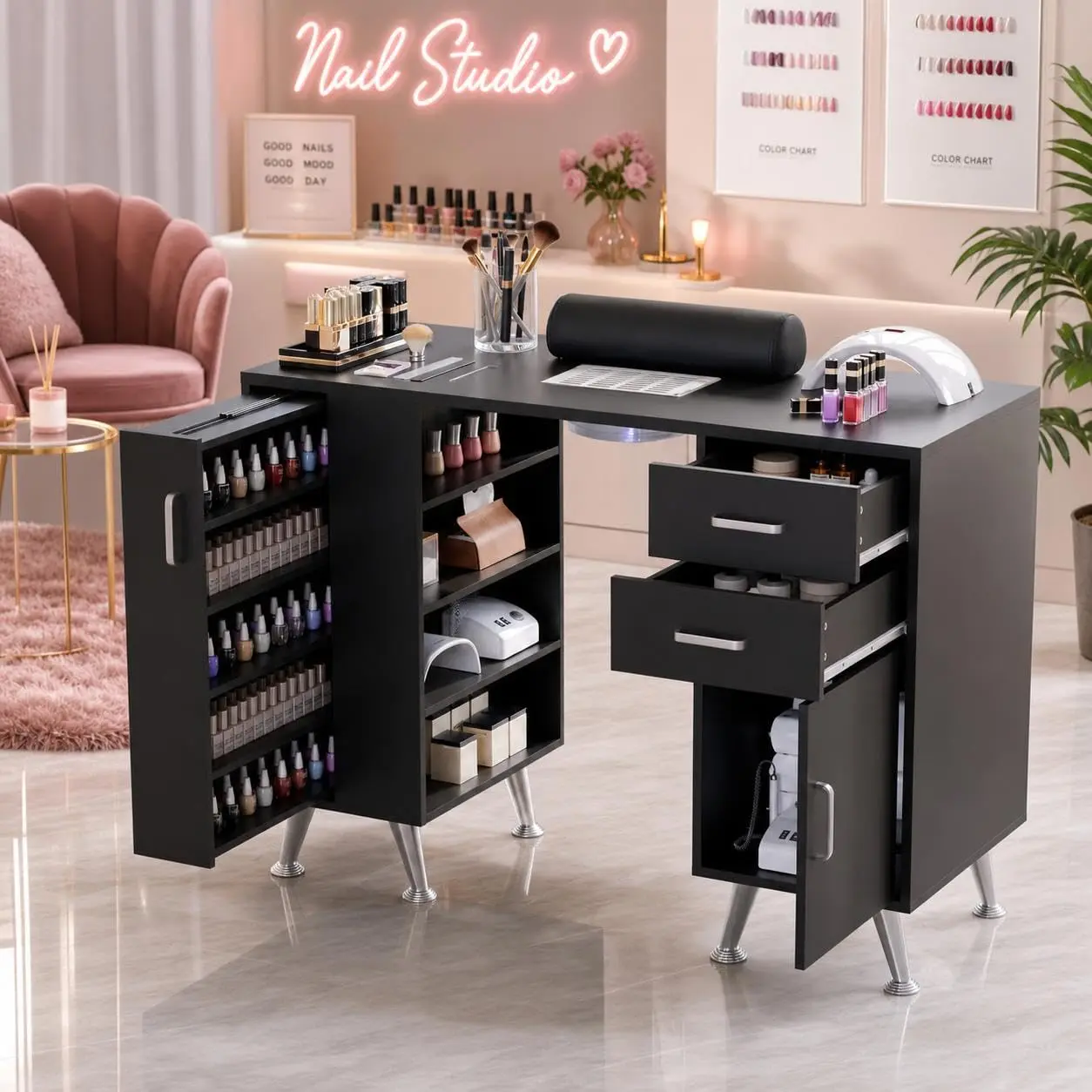 Professional Glass Top Nail Manicure Table, White Beauty Salon Workstation with Electric Dust Collector, Soft Wrist Rest, Storage Drawers & Lockable Cabinet, Multifunctional Nail Art Work Desk for Salon & Home Use