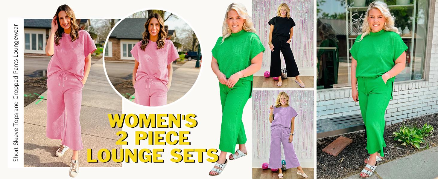 FISOEW Sports 2026 Summer Spring Womens 2 Piece Outfits Sweatsuit Long/Short Sleeve Tops and Drawstring Waist Cropped Wide Leg Pants Loungewear Sets viral  knit Jean Shirt matching sets women Matching Tracksuits Womenswear Soft, Casual