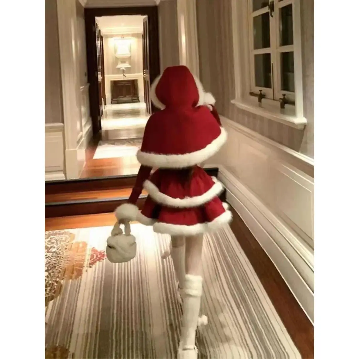 Winter Christmas New Years Sweet 2 Piece Set Women Faux Fur Cape Coats + Short Party Dress Female Chic Korean Popular Clothes