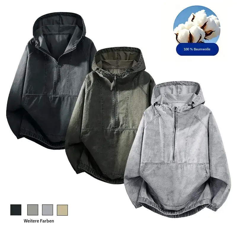 Men's 100% Cotton Acid Wash Half-Zip Hooded Workwear Coat - S to 3XL Baggy Plain Casual Fashion Outerwear, Vintage Distressed Anorak with Kangaroo Pocket, Breathable Tear-Resistant Streetwear Zip-Up Jacket
