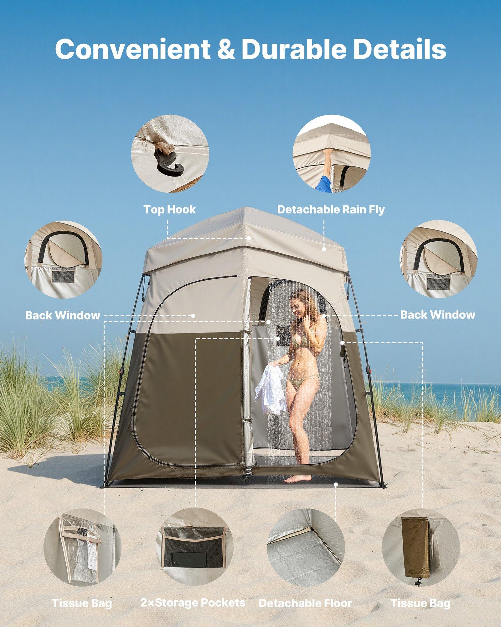 fathersdaygift  VEVOR Camping Shower Tent, 2-Room Foldable Portable Privacy Tent Changing Room with Ground Stakes, Ropes, and Carry Bag, 150D Oxford Fabric with Silver Coating, for Camping, Beach, and Fishing