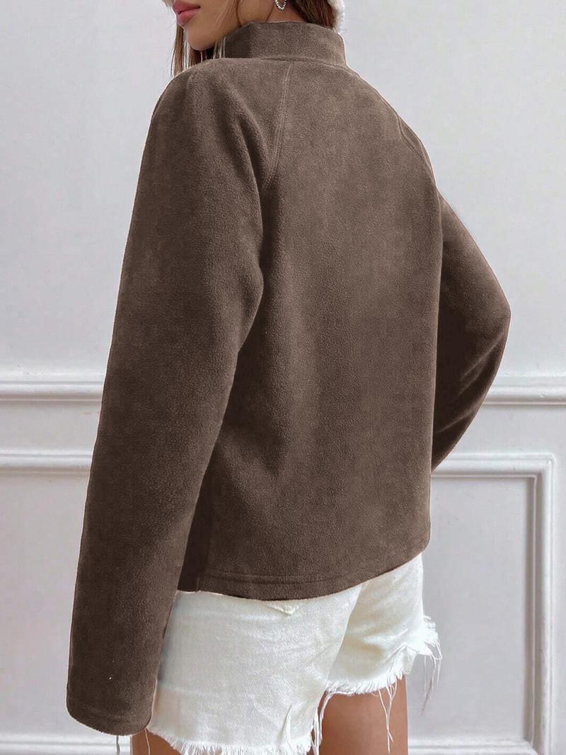 Women's Solid Raglan Sleeve Zip Up Polar Fleece Jacket, Casual Long Sleeve Stand Collar Outerwear for Spring & Fall, Ladies Clothes for Daily Wear