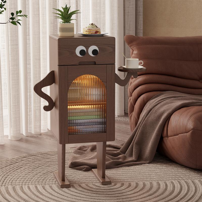 Robot Nightstand, 100% Solid Wood - No MDF, Mid Century Modern Design with Drawers, Adjustable Dividers, Sensor Light, Ideal for Cozy Atmosphere