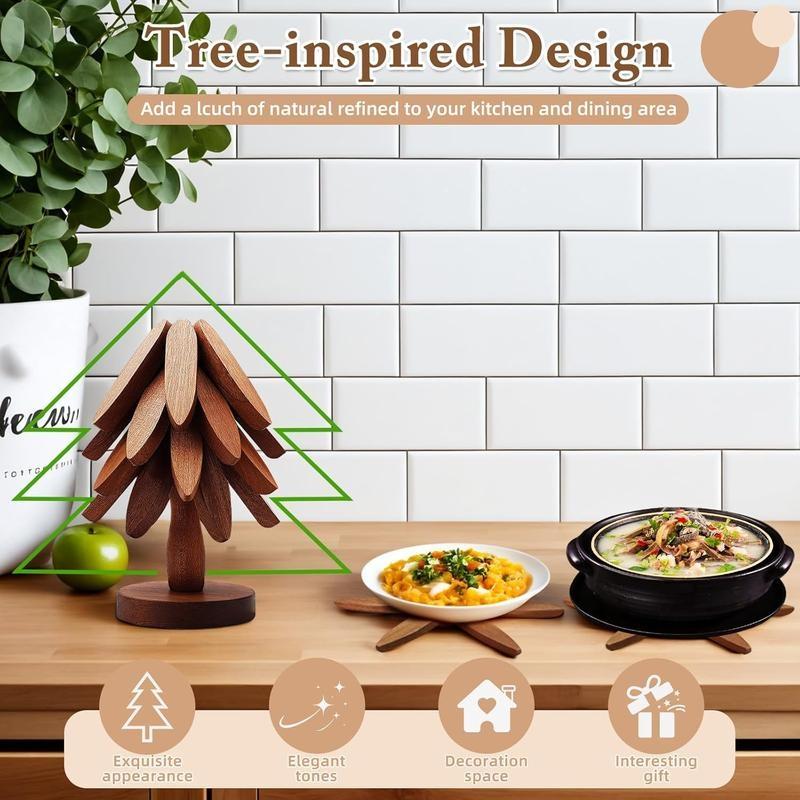 2026 Natural Tree Trivet Set - Christmas Tree Design! This heat - resistant set includes 4 walnut - wood trivets and 1 stand, stored like a Christmas tree. A foldable kitchen decor art, perfect for pots, bowls, coffee mugs, teapots and hot pots.