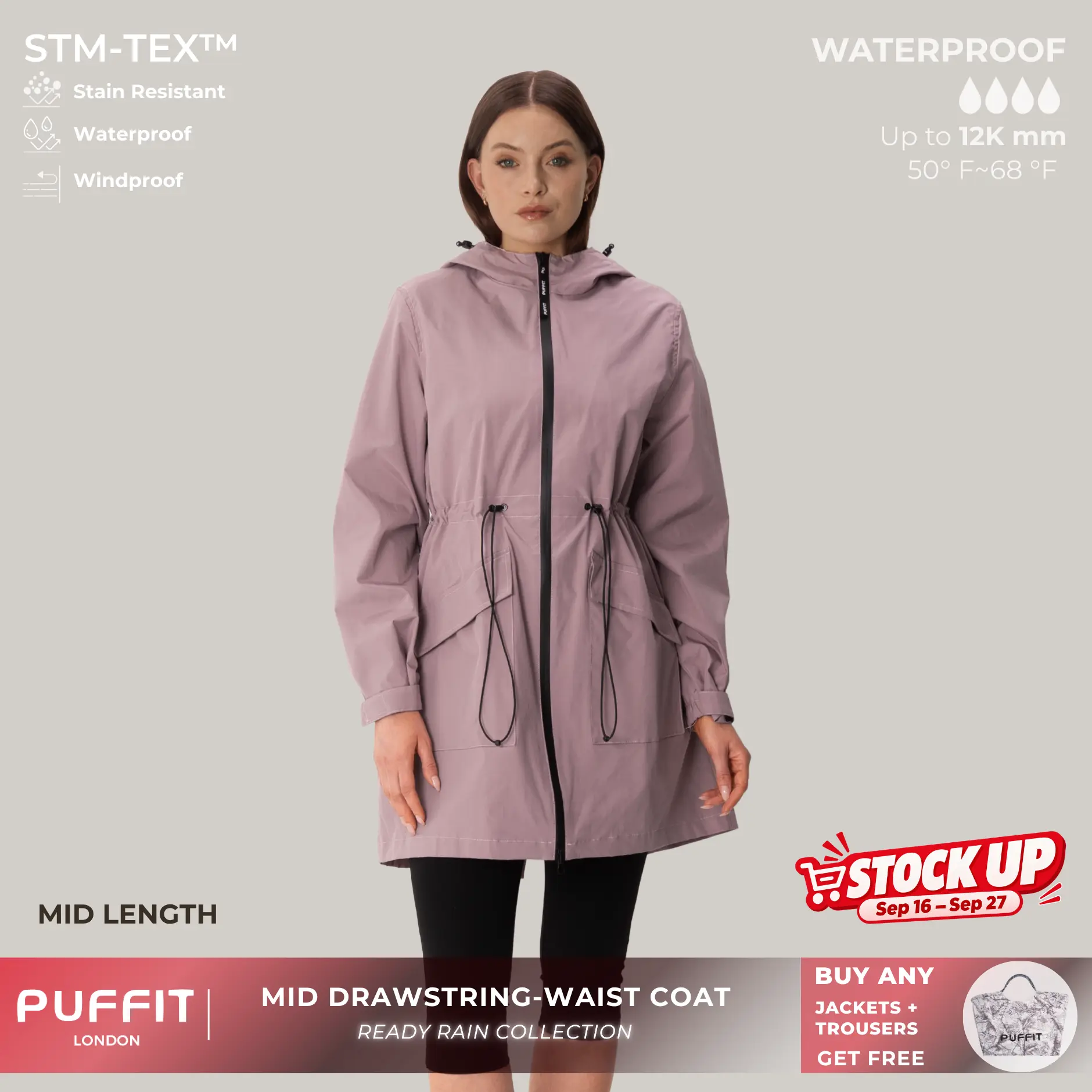 PUFFIT STM-TEX Waterproof Outdoor Hiking Mid Long Length Styles Waist Cinching Lightweight Fast Drying Jacket Raincoat Outdoor Lightweight Sports Jacket Shell Jacket,Windbreaker,Dog Walking,School Running,Football Mum,Womenswear,Fall,Winter,2026 Shopping