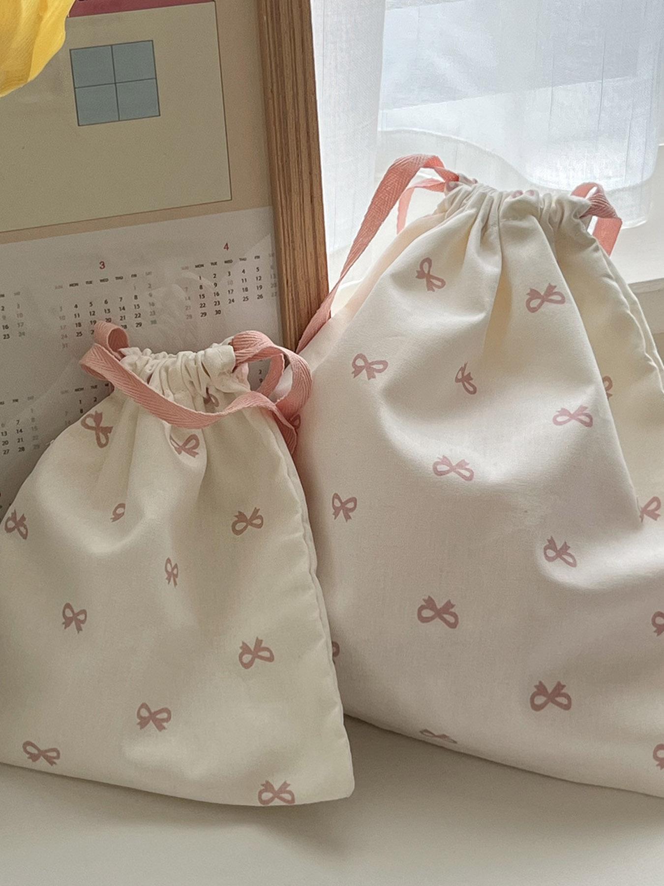 Sweet Bow Print Storage Bag Drawstring Backpack Cute Student Portable Travel Digital Organizer Hanging Bag New Year Valentine's Gift