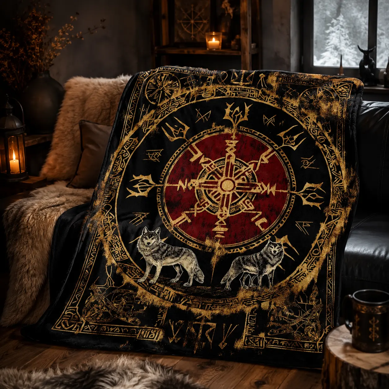 Norse Wolf Flannel Fleece Blanket, Viking Rune Compass Throw Blanket, Nordic Mythology Wolf Blanket for Bed Sofa Couch, Dark Vintage Home Decor, Gift for Viking & Wolf Lovers