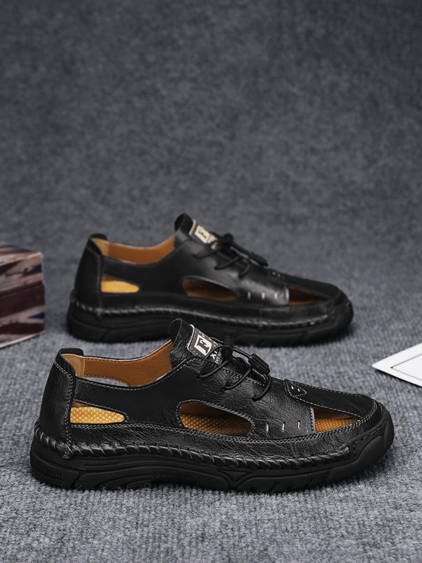 Men's Solid Color Hand-Stitched Closed-Toe Sandals Drawstring Soft Sole Water Shoes Breathable Slip-On Outdoor Beach Shoes