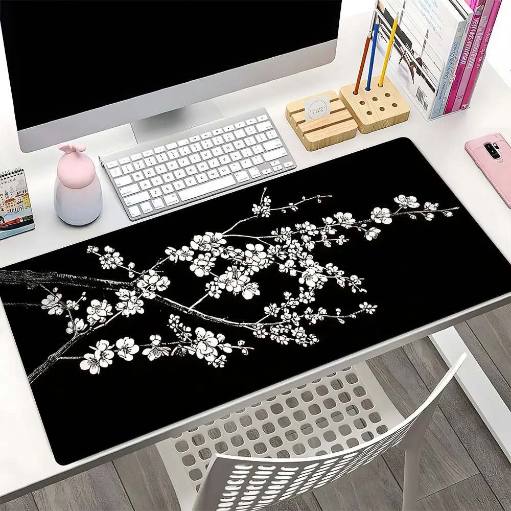 Black White Plum Blossom Branch Mouse Pad, Rectangle Desk Mat, Rectangular Large Gaming Mouse Pad, Computer Desk Pad with Non-Slip Rubber Base & Stitched Edge for Home & Office Gaming, Desk Accessory, Gift for Floral Art & Minimalist Lovers